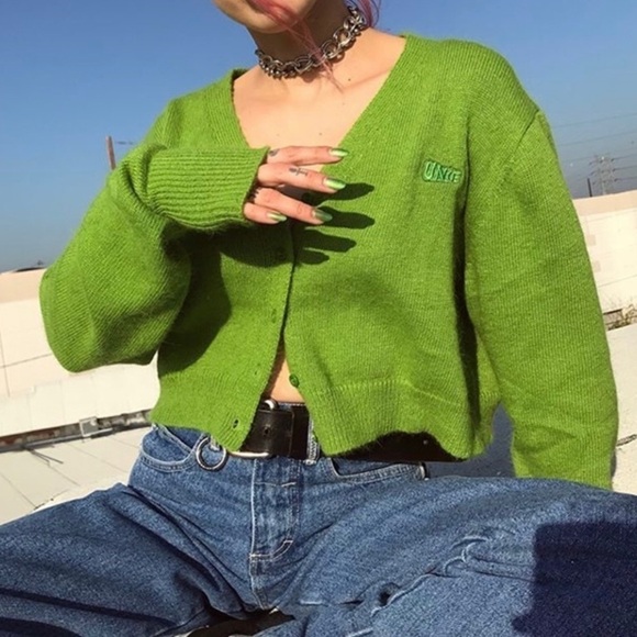 UNIF Liv Cropped Cardigan V Neck Button Front Alpaca Blend Sweater Green XS - Picture 3 of 16